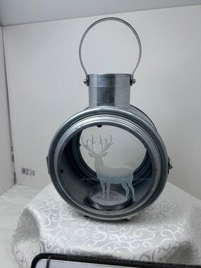 Rustic Silver Deer Lantern with Handle - Decorative Candle Holder